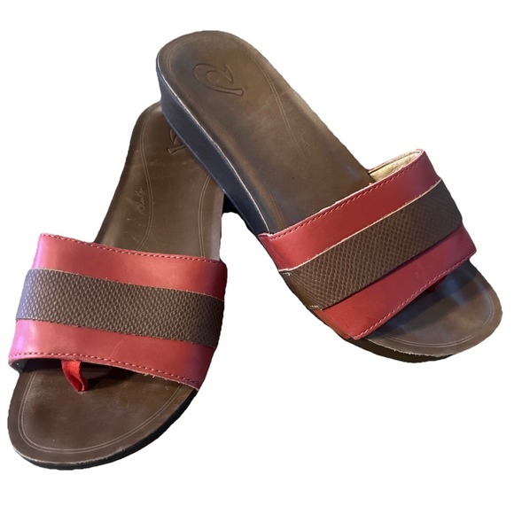 OluKai Sandals Slides 8M OLA HUNA Shoes Brown/Pink Leather Slip On Walking - Picture 1 of 4